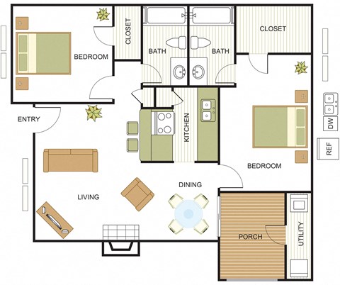 Floor plan for 2 beds, 2 baths, 941 sqft